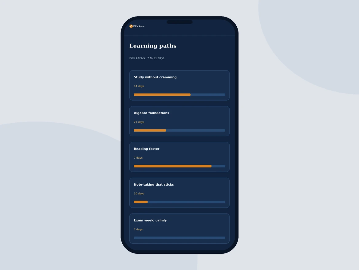 Learning paths with progress bars in Pena Study Daily